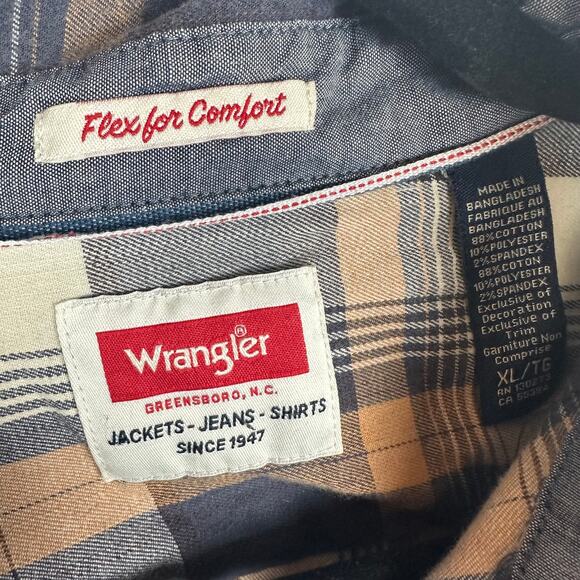 Wrangler Mens Flex For Comfort Button-Up Long Sleeve Brown/Grey Plaid Shirt XL - Picture 9 of 10